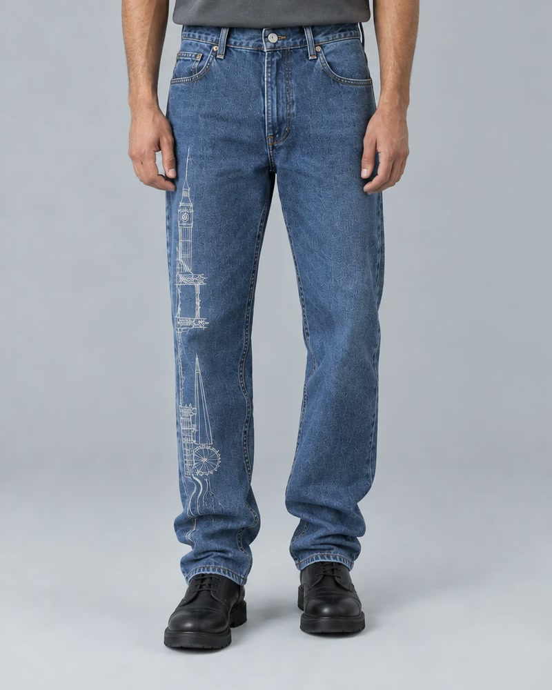 Blue jeans with the London skyline down the leg