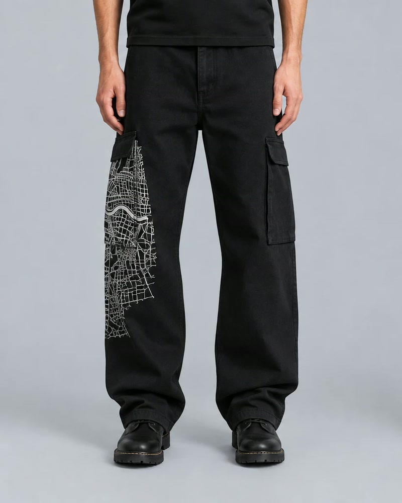 Black cargo trousers with a white map of London on the leg pocket