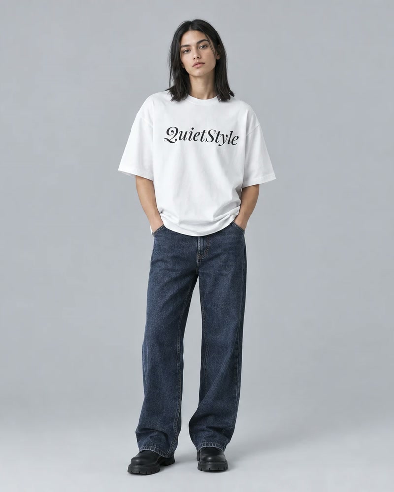 White tee with the QuietStyle logo across the chest