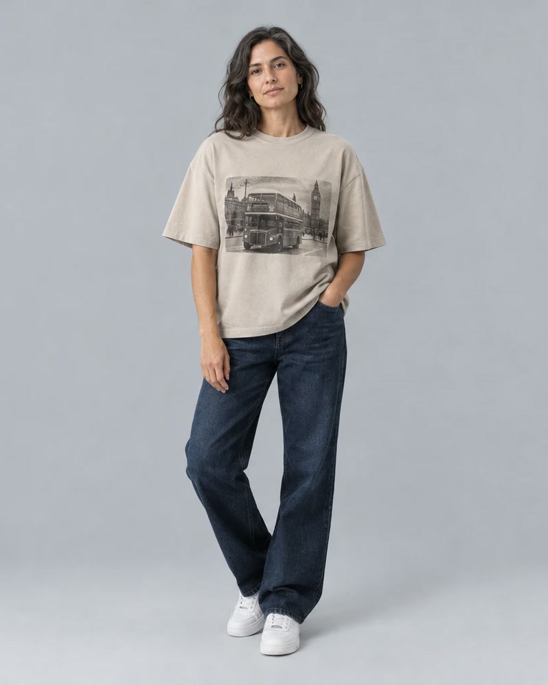 Sand tee with a vintage London bus print